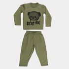 Boys' Olive Round Neck Bear Print Baba Suit, ओलिव, small image number null