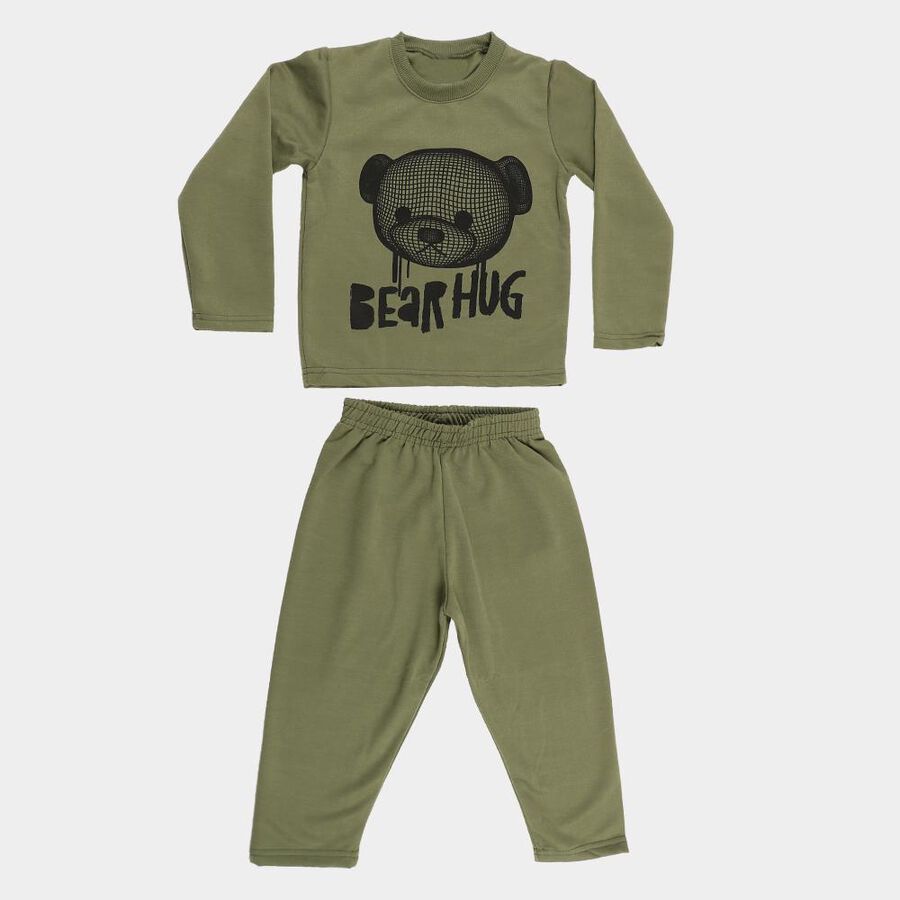 Boys' Olive Round Neck Bear Print Baba Suit, ओलिव, large image number null