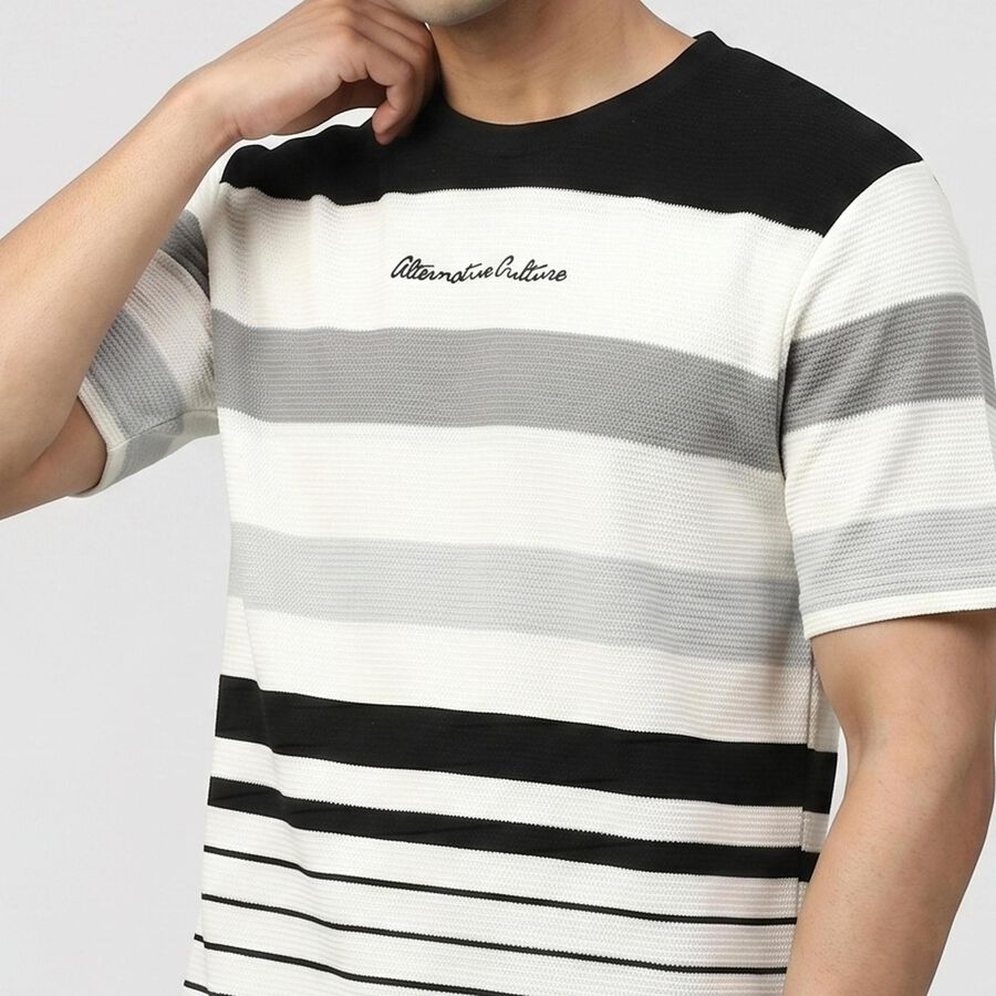 Men's White Round Neck Striped T-Shirt, White, large