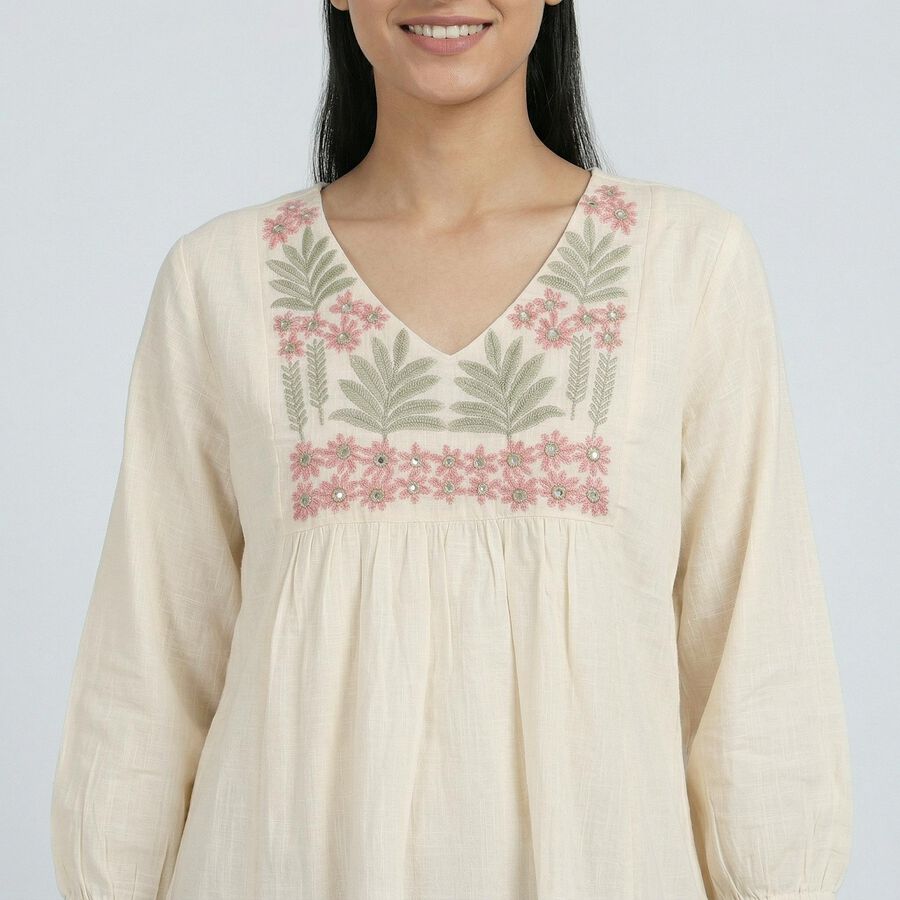 Women's Off-White Cotton Round Neck Solid Kurti, ऑफ व्हाइट, large