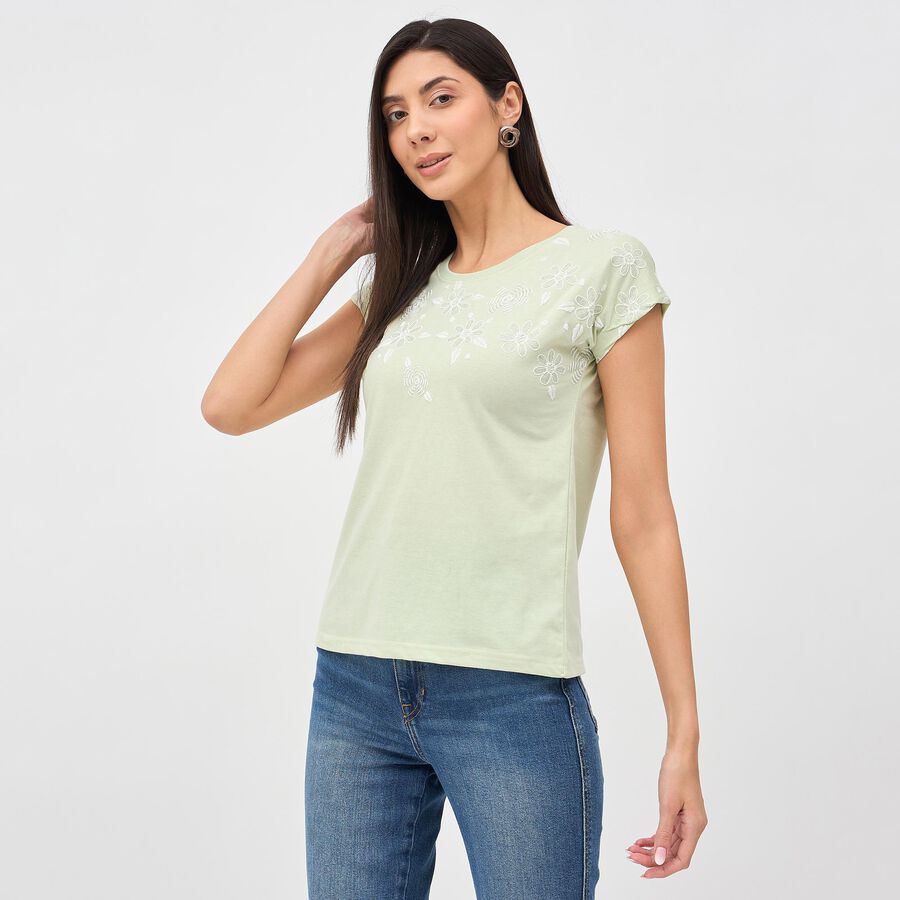 Women's Light Green Round Neck Floral T-Shirt, Light Green, large image number null