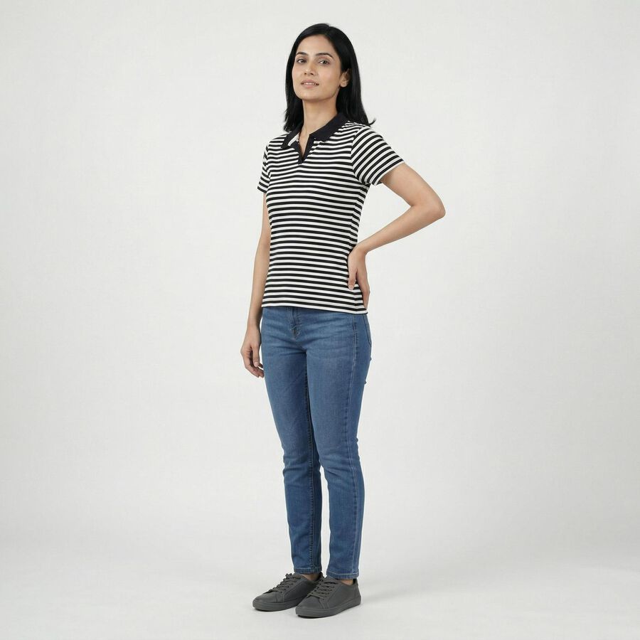 Women Navy Blue Cotton Blend Polo Neck Preppy Polo T-Shirt, Navy Blue, large