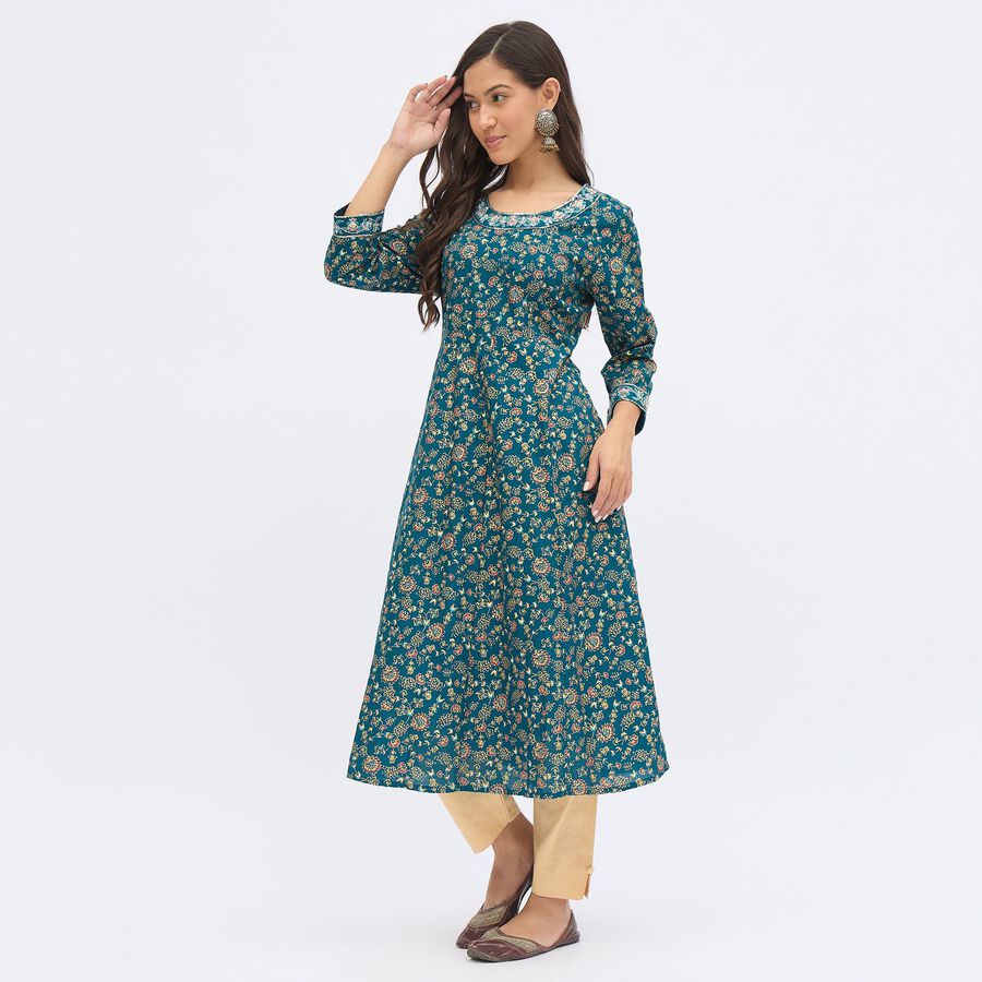 Women's Deep Peacock Blue Round Neck Embroidered Kurta, Teal Blue, large image number null
