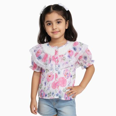 Girls White Round Neck Romantic Floral T-Shirt