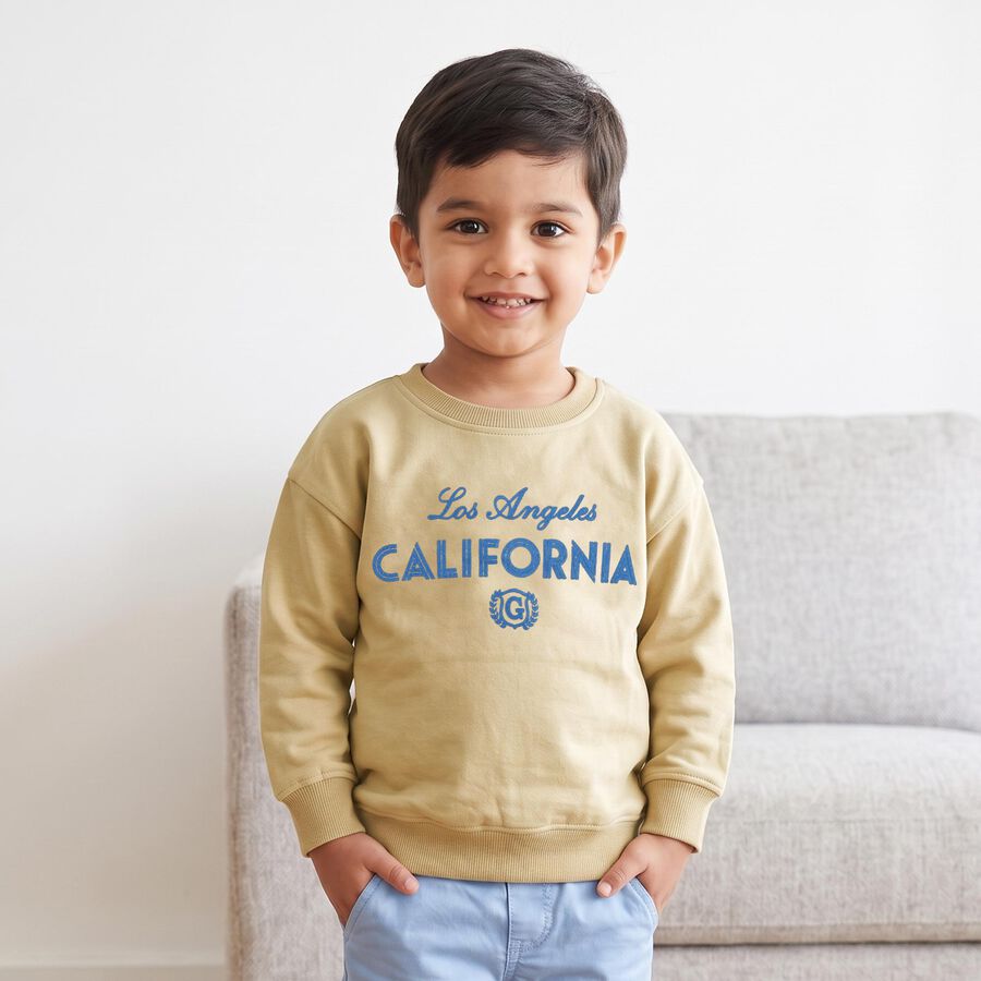 Boys Beige Round Neck Graphic Print Sweatshirt, Khaki, large