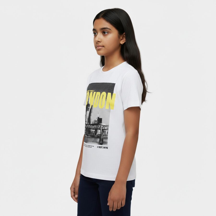 Girls' White Cotton Round Neck Casual T-Shirt, सफ़ेद, large