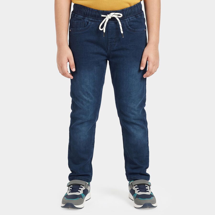 Boys' Dark Blue Blue Jogger Fit Washed Jeans, गहरा नीला, large