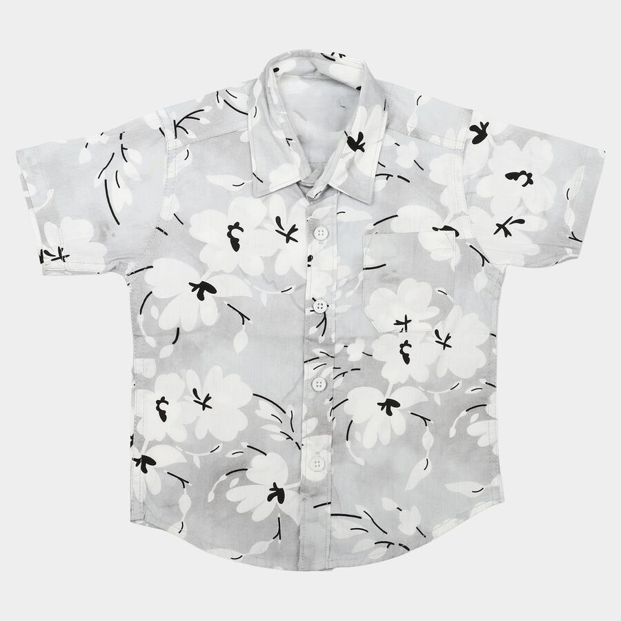 Boys Grey 100% Cotton Floral Printed Collar Regular Fit Shirt, गहरा ग्रे, large