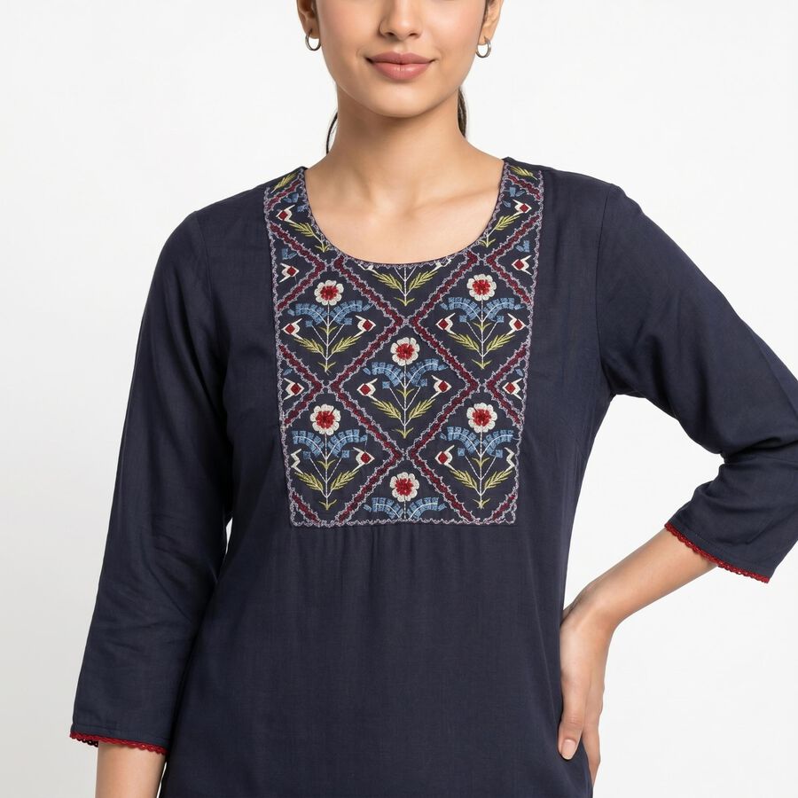 Women's Navy Blue Straight Solid Kurta, Navy Blue, large