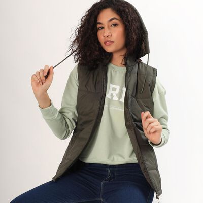 Women's Olive Hooded Sleeveless Puffer Jacket