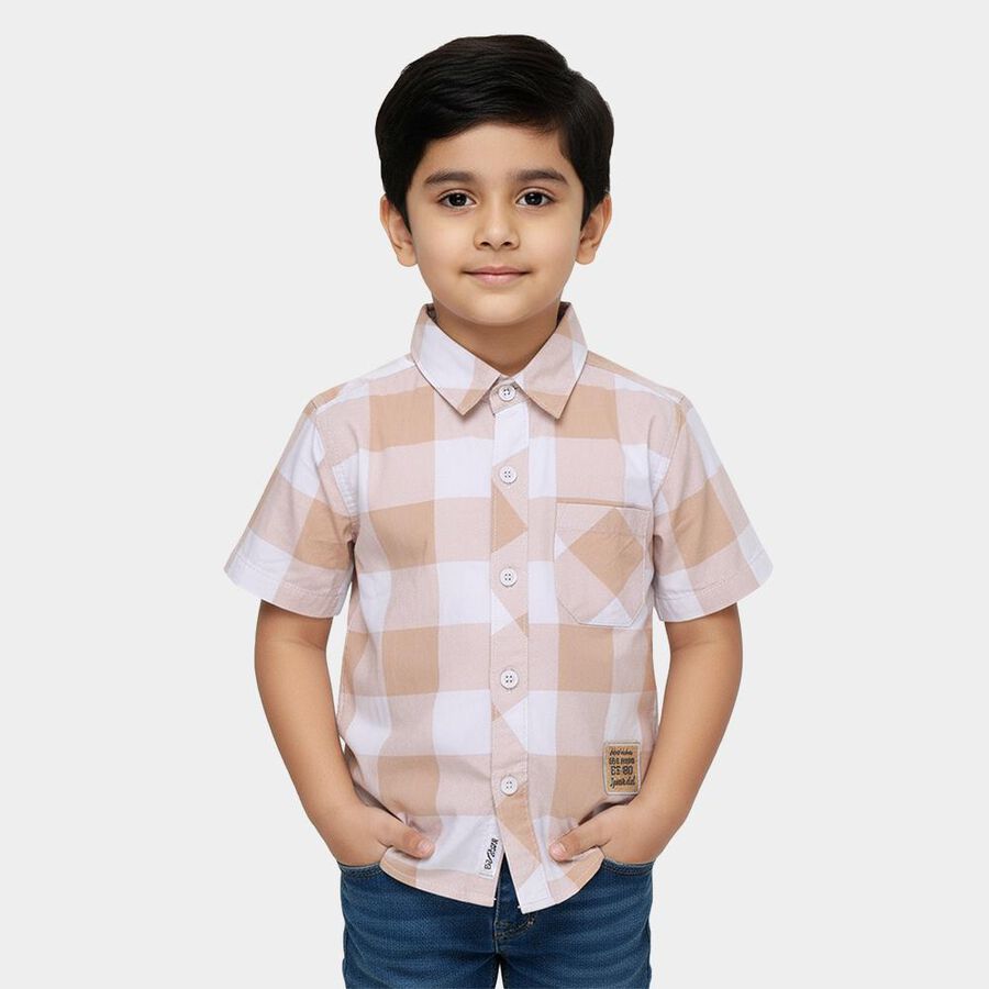 Boys Beige Cotton Half Sleeve Classic Casual Shirt, Beige, large image number null