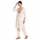 Women's Cream Cotton Embroidered Ethnic Set, Off White, small