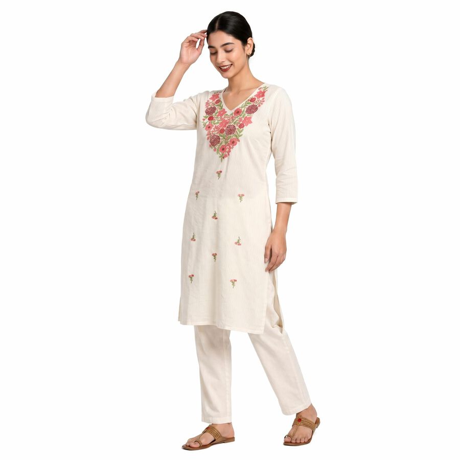 Women's Cream Cotton Embroidered Ethnic Set, Off White, large