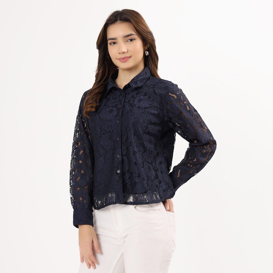Women's Navy Blue Classic Full Sleeve Shirt , Navy Blue, large image number null