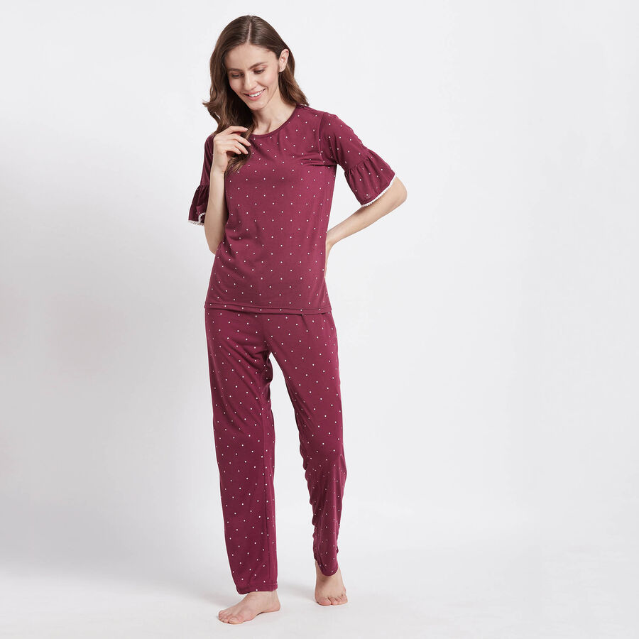 Cotton Printed Night Suit, Maroon, large image number null
