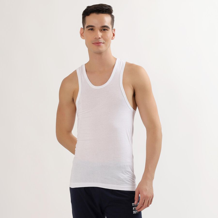 Men's Bright White Cotton Deep Neck Athleisure Vest, White, large image number null