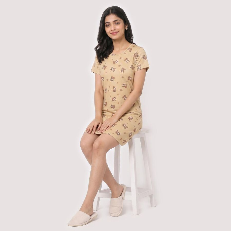 Women Beige Round Neck T-Shirt Style Nighty, Beige, large