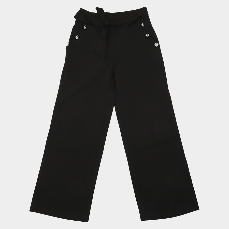 Girls' Black Wide Leg Bow Waist Trousers, Black, large