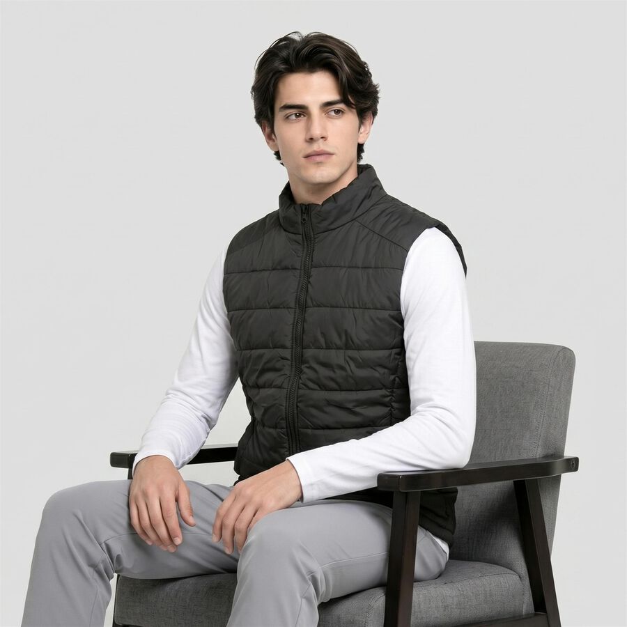 Men's Black Stand Collar Puffer Jacket, Black, large