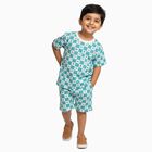 Boys Bright Aqua Blue Cotton Round Neck Geometric Night Suit, एक्वा, small image number null