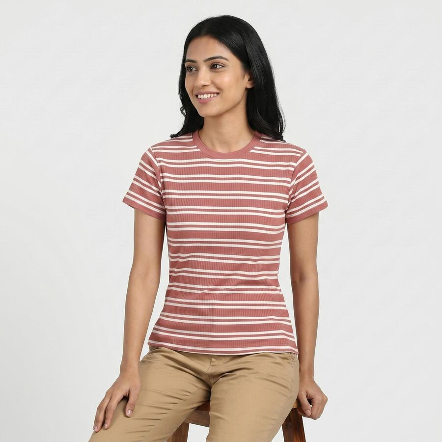 Women's Pink Cotton Blend Round Neck Casual T-Shirt, Pink, large