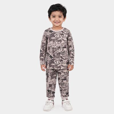 Boys Charcoal Cotton Round Neck Graphic Print Baba Suit