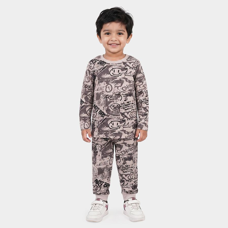 Boys Charcoal Cotton Round Neck Graphic Print Baba Suit, Charcoal, large