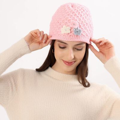 Women's Soft Pink Floral Embellished Knitted Cap