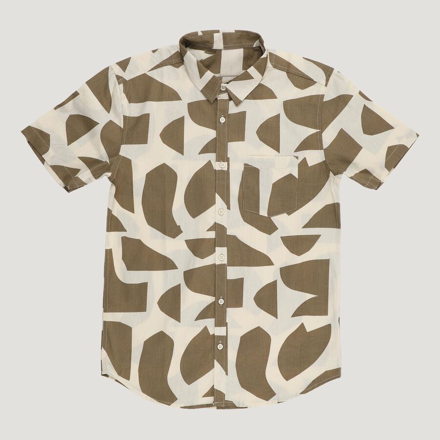 Boys Beige and White Cotton Half Sleeve Button Down Casual Shirt, Beige, large image number null