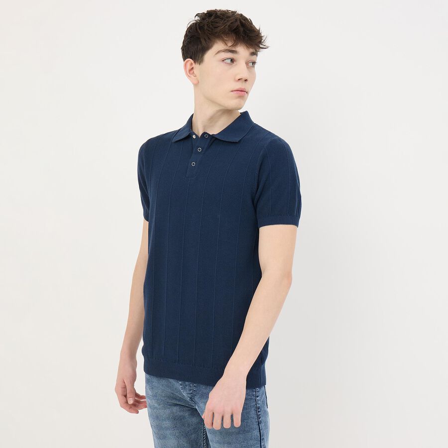 Men's Midnight Blue Cotton Polo Collar Casual T-Shirt, मध्यम नीला, large