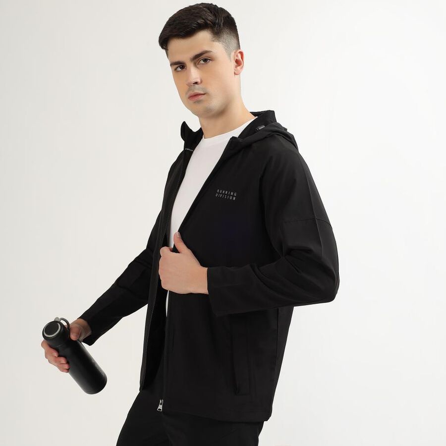 Men's Jet Black Hooded Athleisure Jacket, Black, large image number null