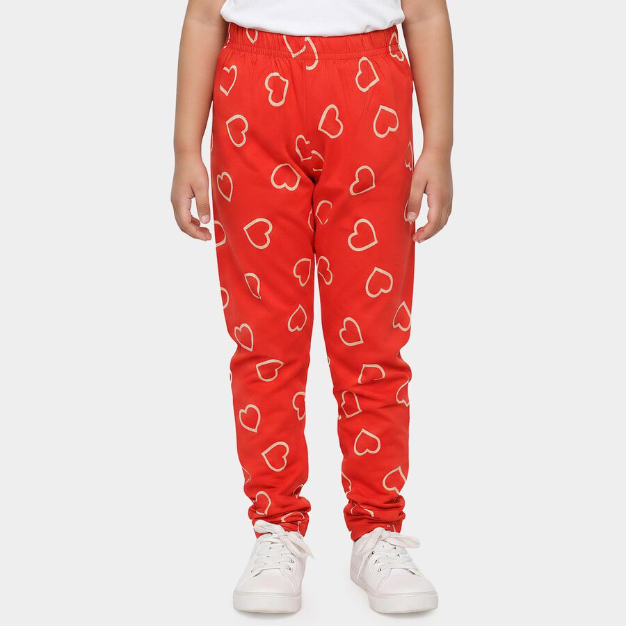 Girls' Red Straight Fit Heart Printed Pyjama, लाल, large