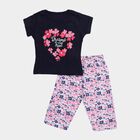 Girls' Navy Blue Round Neck Graphic Top and Capri Set, नेवी ब्लू, small