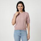 Women's Pink Cotton Round Neck Minimalist Top, गुलाबी, small