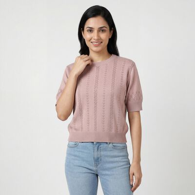Women's Pink Cotton Round Neck Minimalist Top