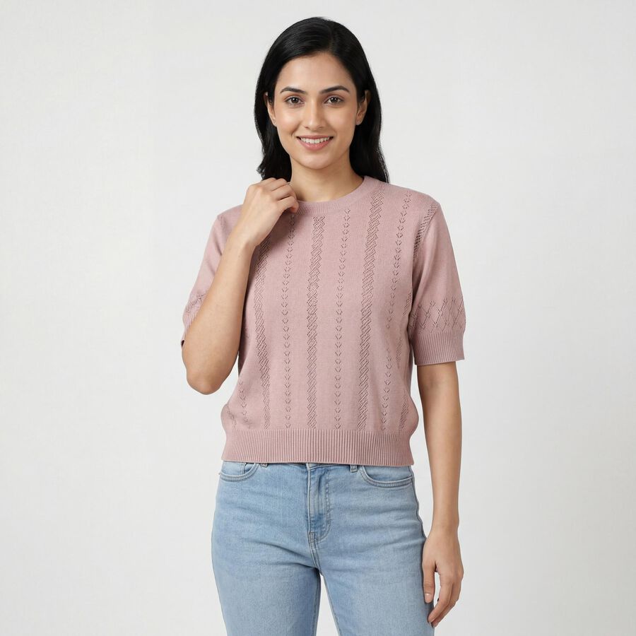 Women's Pink Cotton Round Neck Minimalist Top, गुलाबी, large