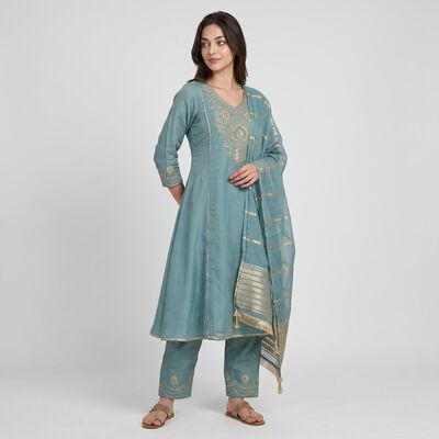 Women's Aqua Embroidered Ethnic Set