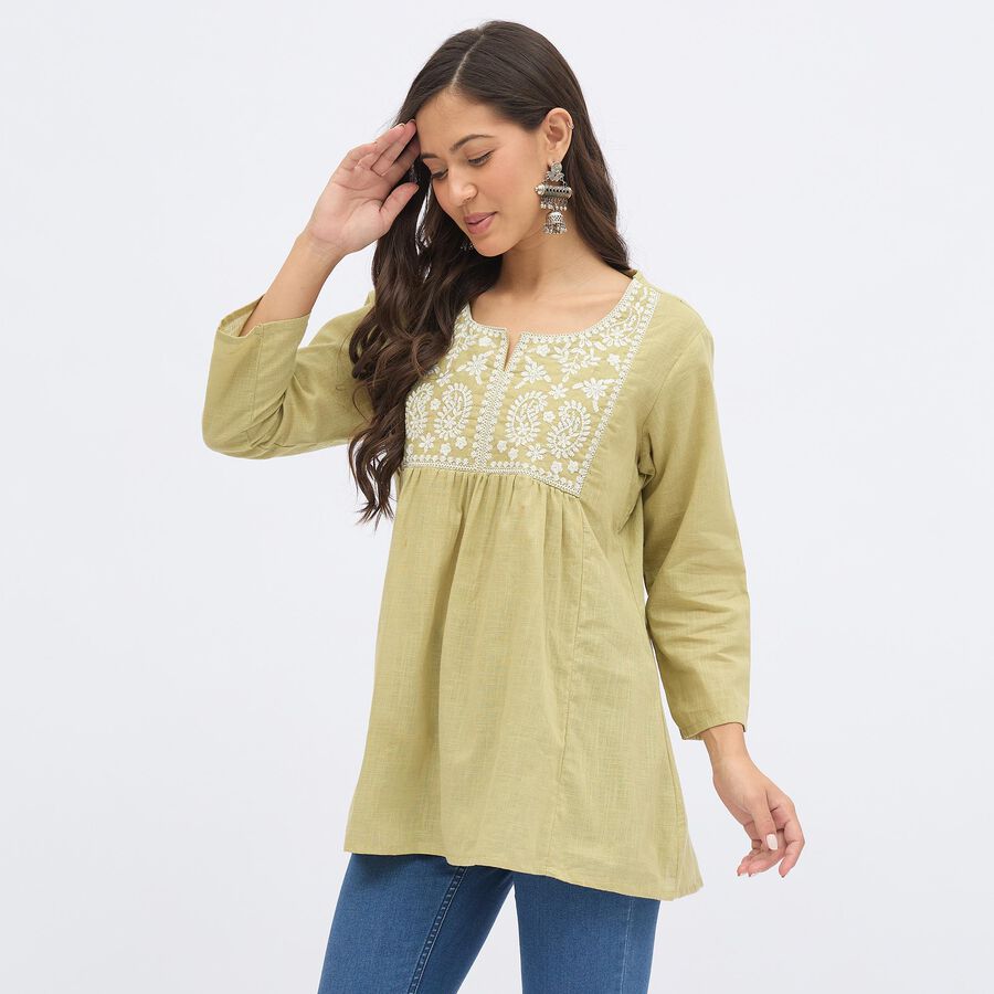 Women's Light Sage Green Cotton Round Neck Embroidered Kurti, हल्का हरा, large image number null