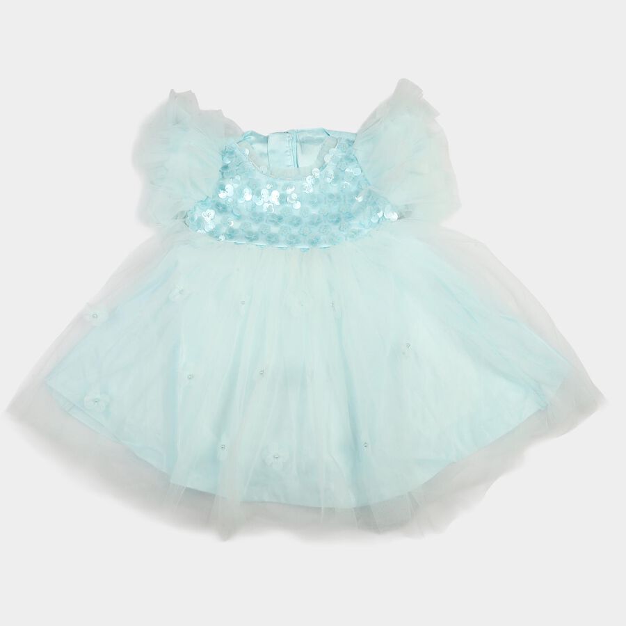 Girls' Light Blue Fit and Flare Sequin Applique Party Wear Frock, Light Blue, large