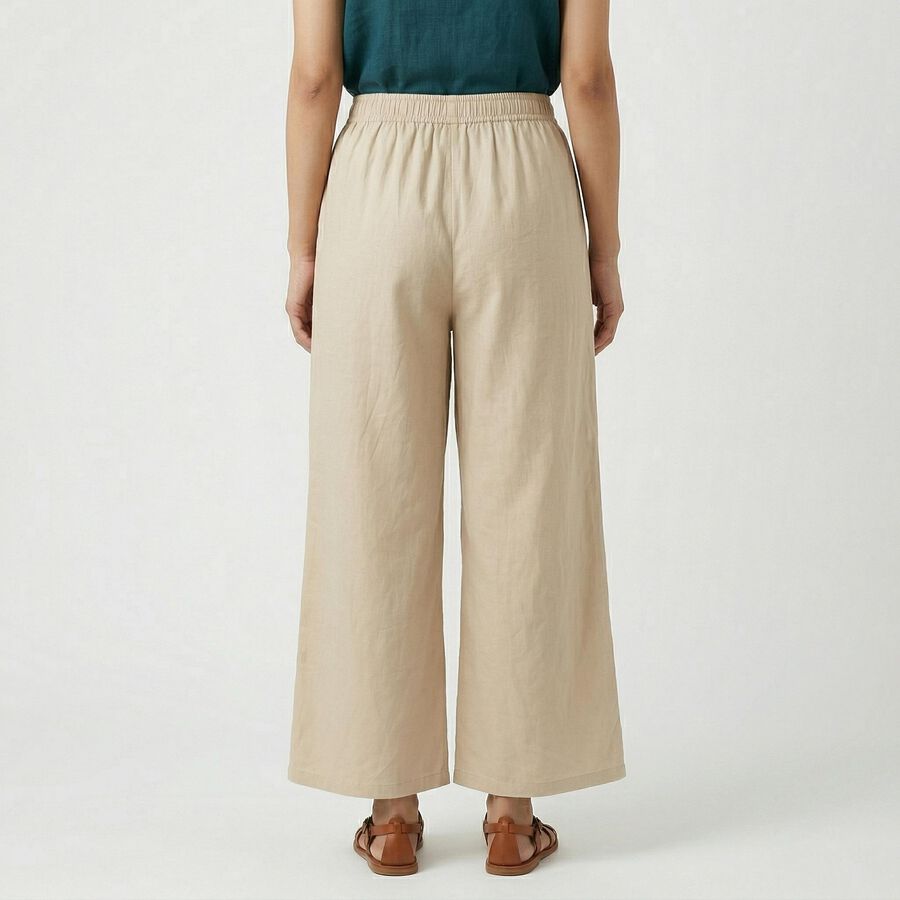 Women's Beige Wide-Leg Elastic Waist Palazzos, Beige, large