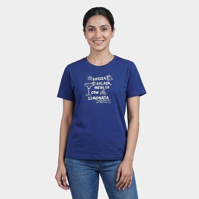 Women's Blue Round Neck Casual T-Shirt
