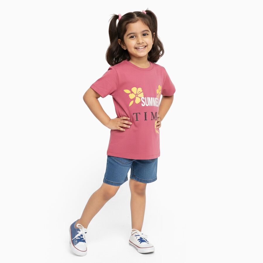 Girls Pink Cotton Round Neck Casual T-Shirt, गुलाबी, large image number null