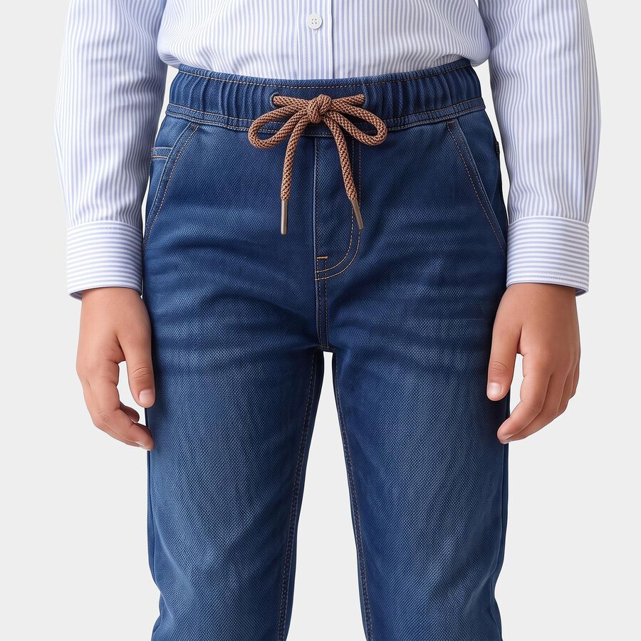 Boys' Navy Blue Straight Fit Drawstring Waist Jeans, गहरा नीला, large