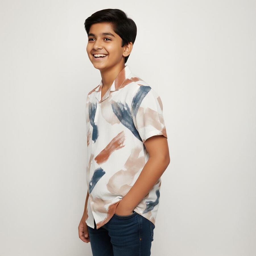 Boys Rich Eggshell White Half Sleeve Cuban Collar Casual Shirt, White, large image number null