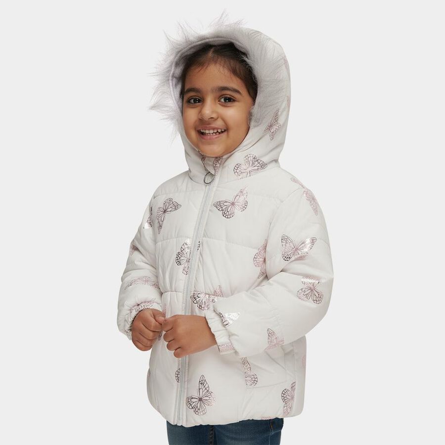 Girls' White Hooded Puffer Jacket, White, large image number null