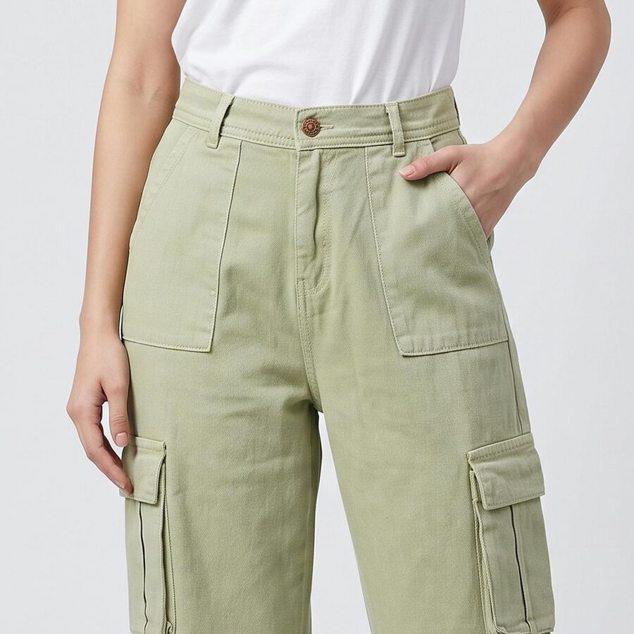 Women's Green Straight Fit Cargo Style Jeans, Green, large