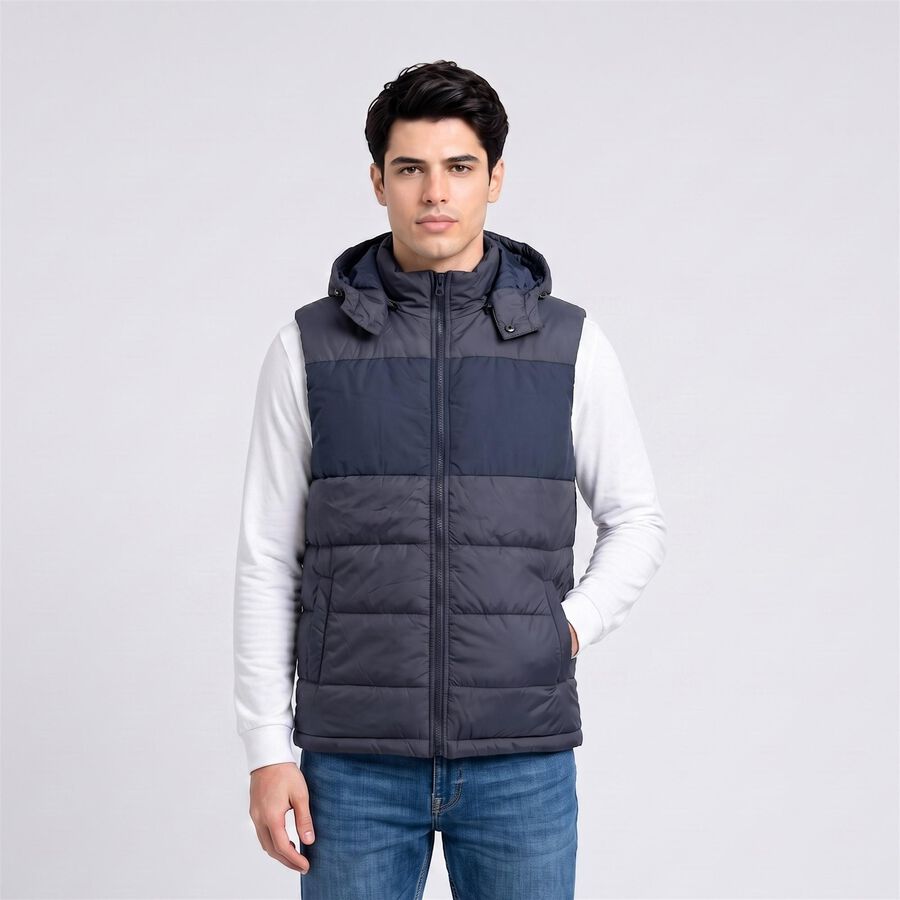 Men's Navy Blue Hooded Puffer Jacket, Navy Blue, large