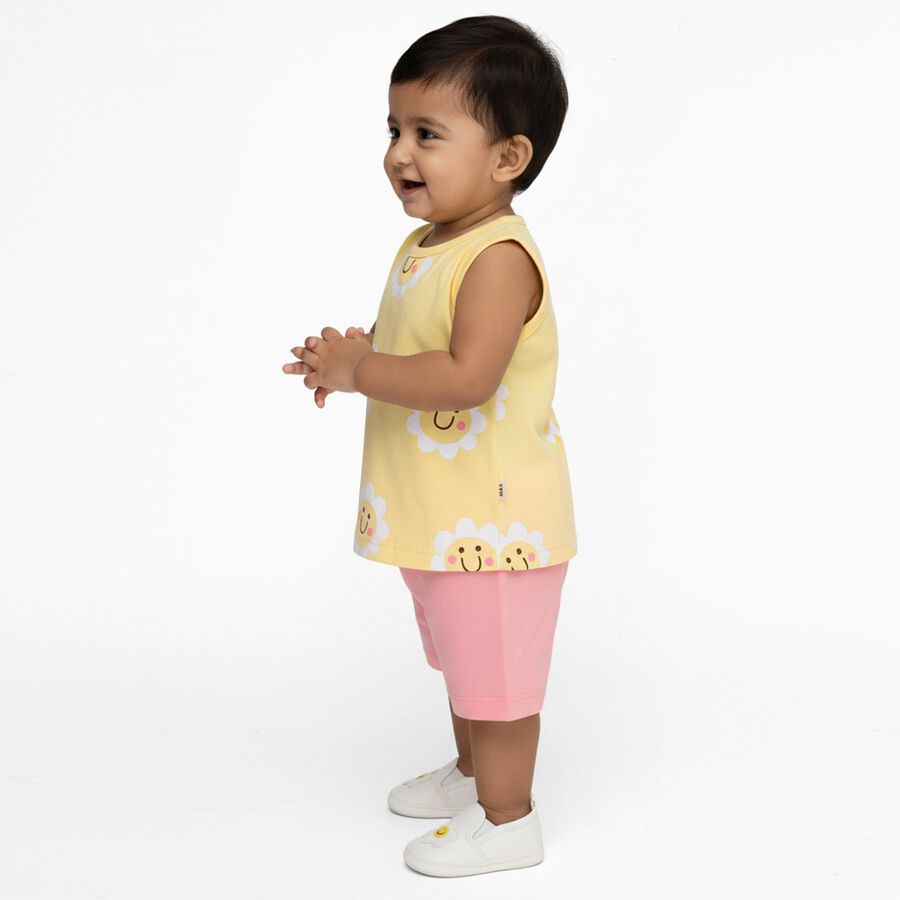 Infant Girl Bright Yellow Cotton Sleeveless Floral Top and Soft Pink Shorts Set, Light Pink, large