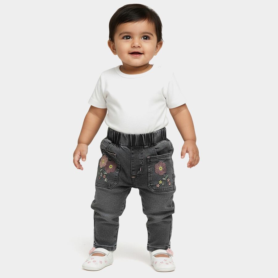 Infants' Light Grey Regular Fit Floral Embroidered Jeans, Light Grey, large