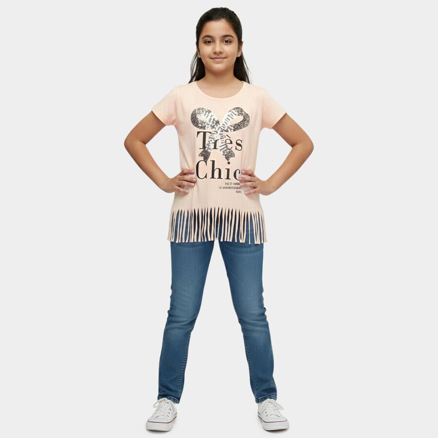 Girls' Light Pink Cotton Round Neck Graphic Printed T-Shirt, हल्का गुलाबी, large